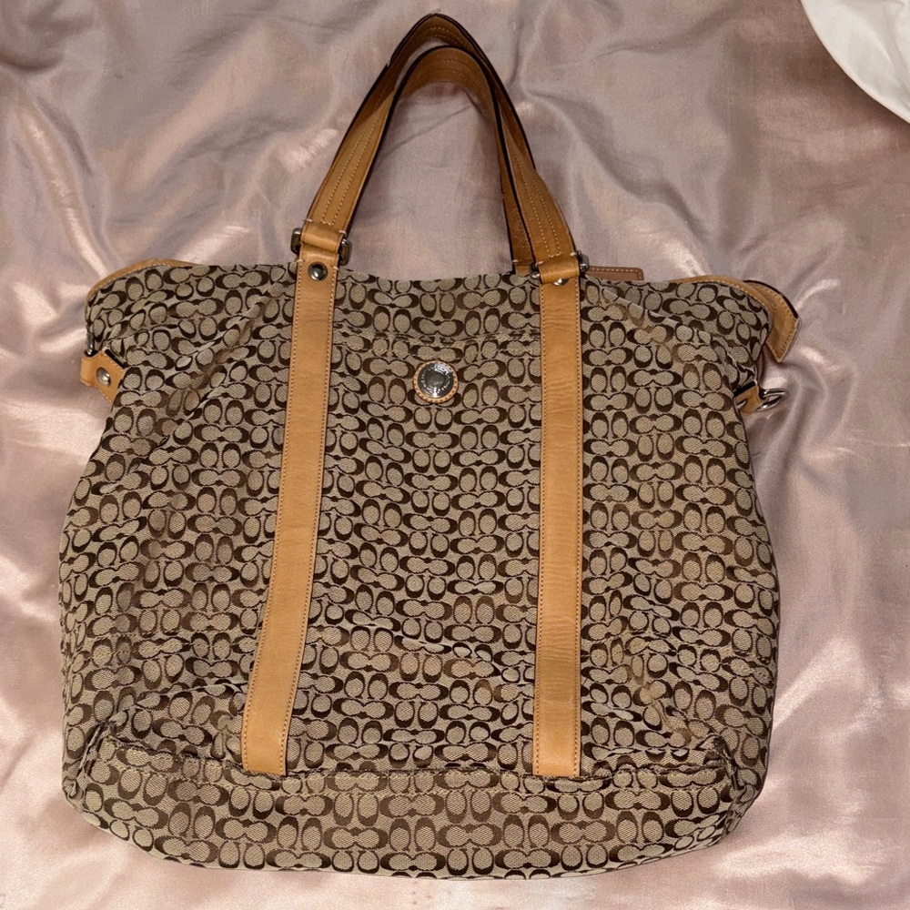 Coach Brown Signature Canvas Tote with Tan Leather Trim